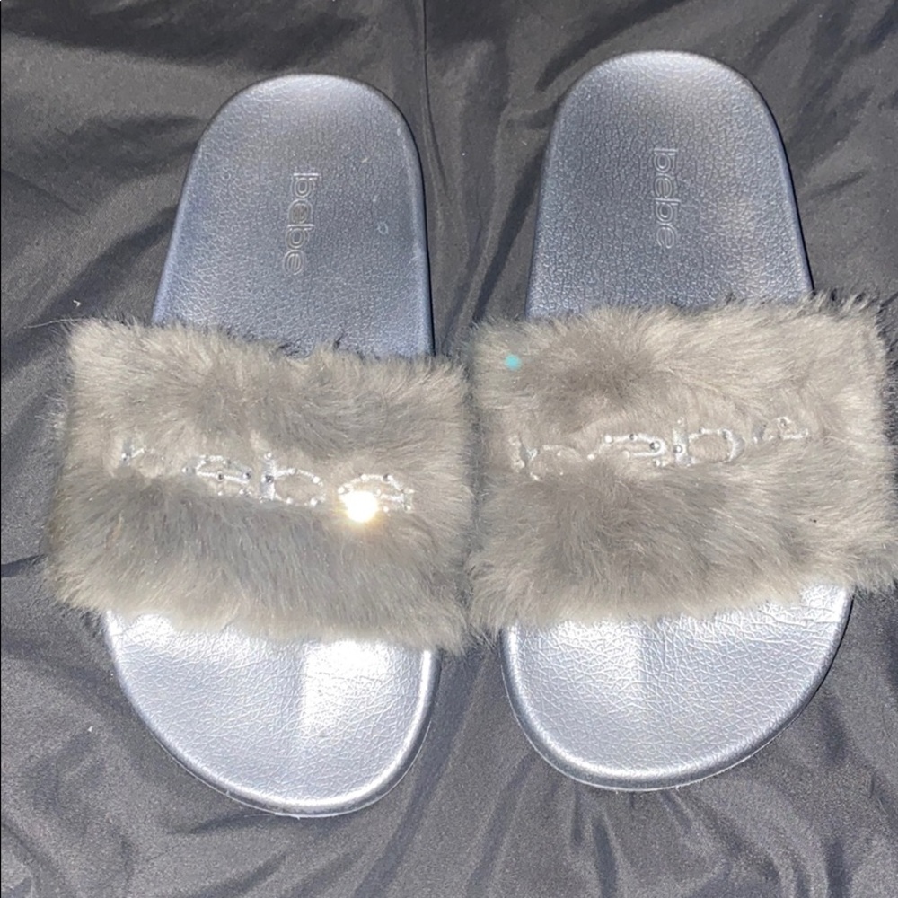 Bebe furiosa faux fur beaded silver gray slides